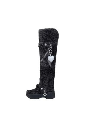 CROCS Black Fuzzy Knee-High Platform Boots with Heart Charm